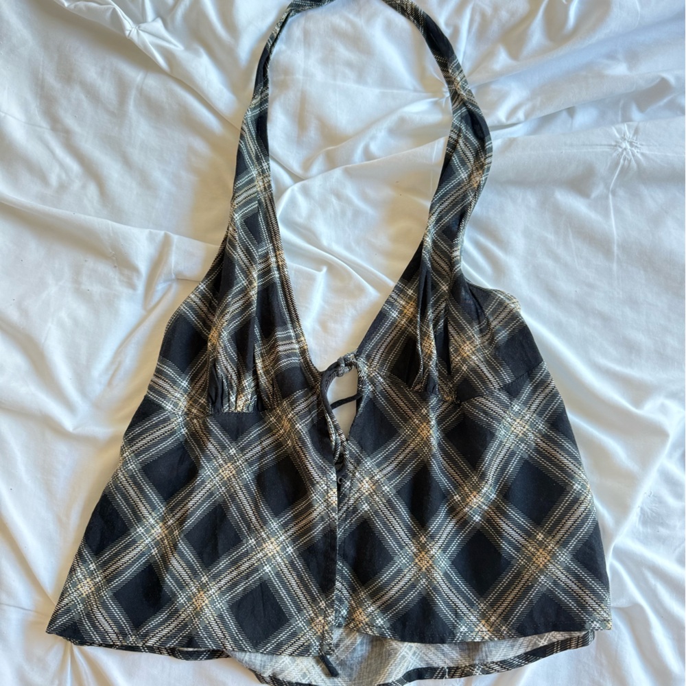 Motel Rocks Black and Gray Plaid halter top